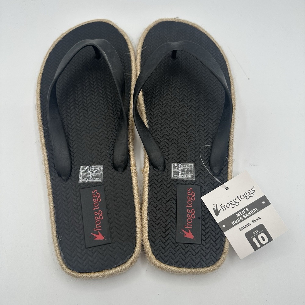 Frogg Toggs Kuba Sandals Mens‎ 10 Black Rope Sole Casual Beach Thong Flip-Flops